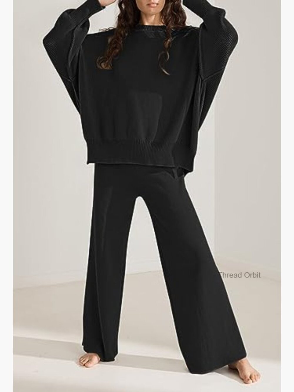 Medium Knit Sweater Set with Wide Leg Pants Loose Lounge Wear - Picture 2 of 7